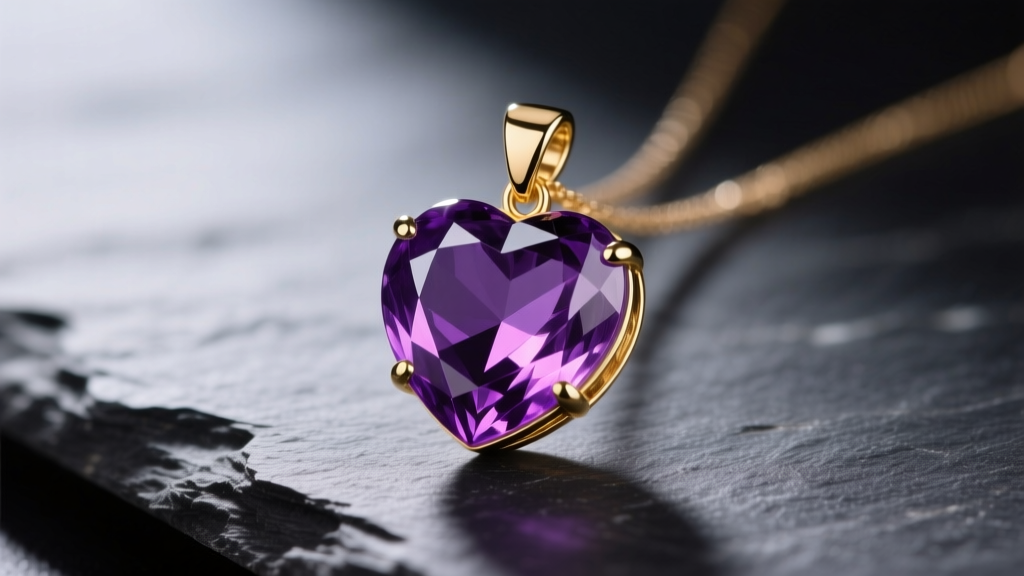 Close-up of deep purple Uruguayan amethyst heart pendant in 14k gold bezel, resting on dark slate with soft directional lighting