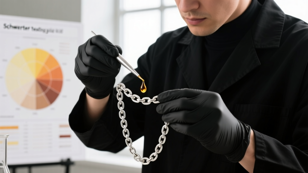 Jeweler applying Schwerter testing acid to a silver chain link, with a color reaction chart visible in the soft background