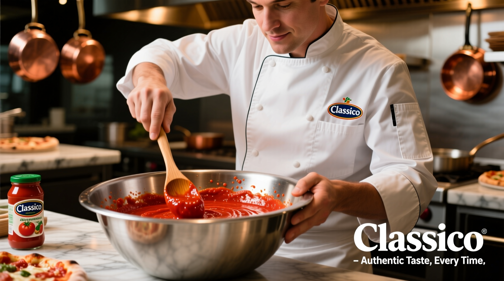 Professional chef preparing pizza sauce with Classico