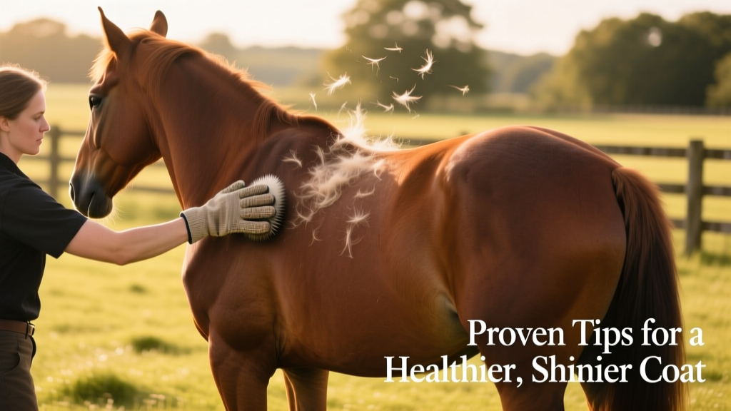 A calm horse being gently de-shedded with grooming gloves in a sunny paddock