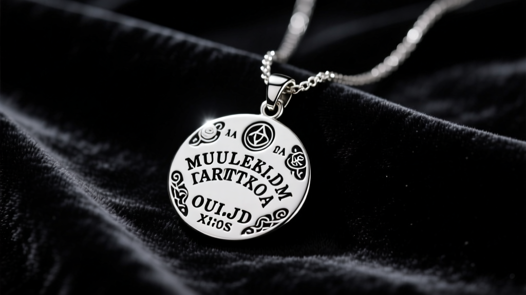 Silver ouija board pendant necklace on black velvet, moody gothic lighting with deep shadows and sharp metallic reflections