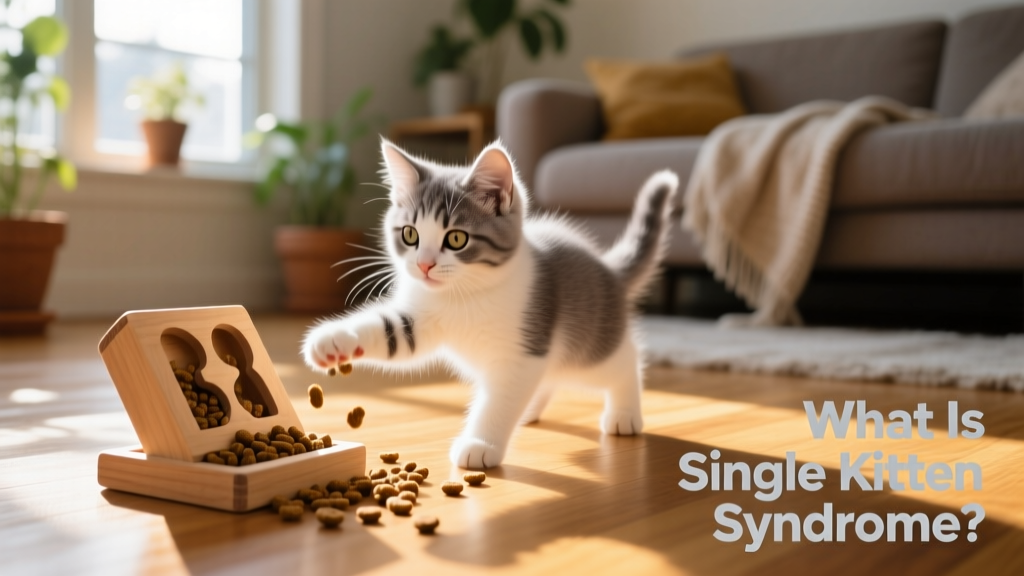 A kitten batting at a puzzle feeder filled with kibble on a sunny floor