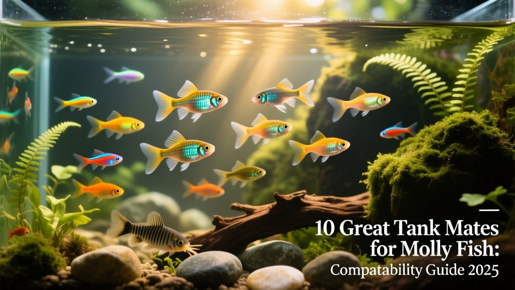 A vibrant community aquarium featuring sailfin mollies swimming alongside tetras and corydoras