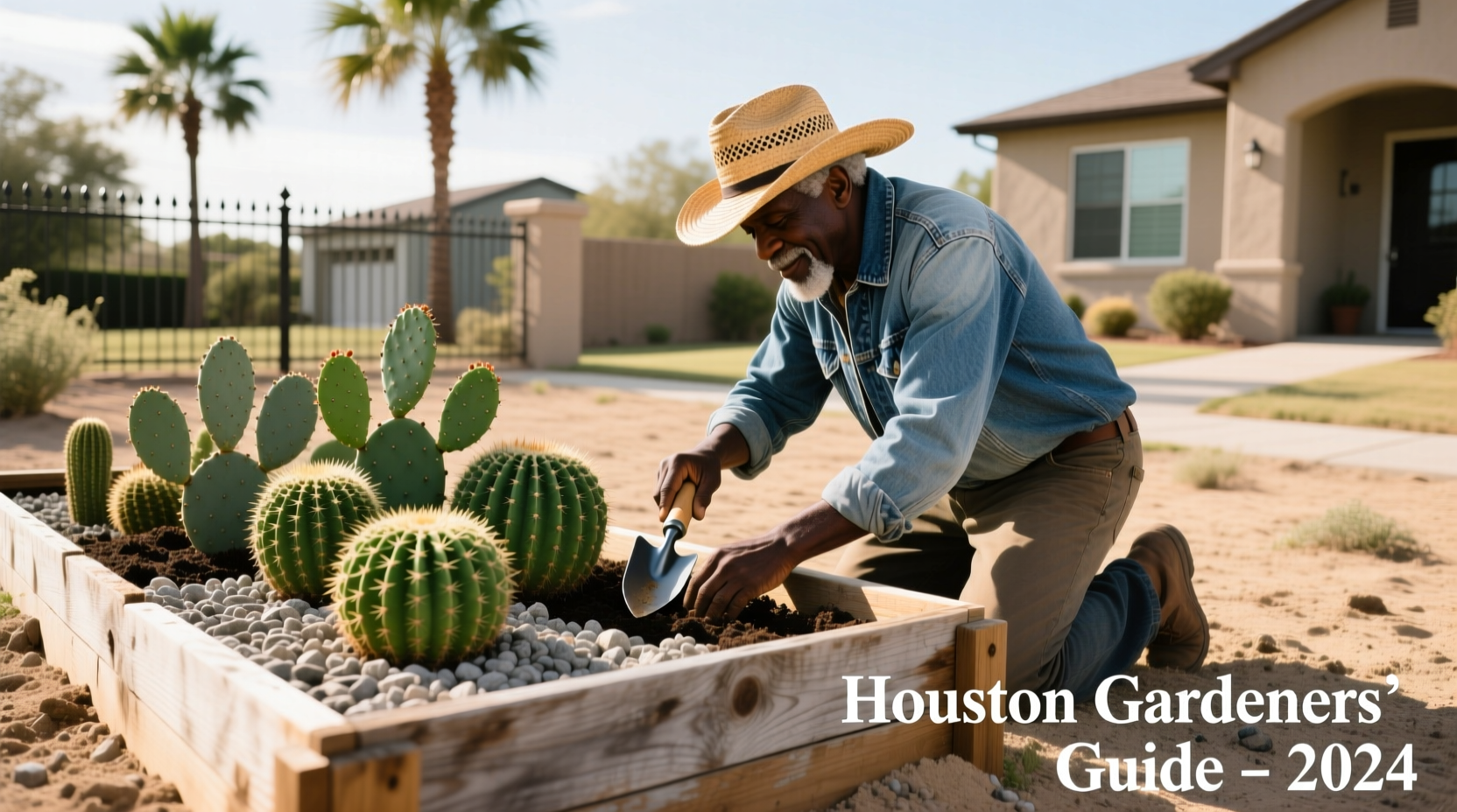 Houston gardener planting cacti in raised bed with proper drainage