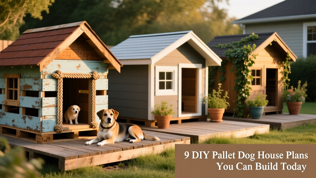 Side-by-side comparison of three finished pallet dog houses: rustic, modern, and garden-style—showcasing variety in size, roof shape, and finishing details