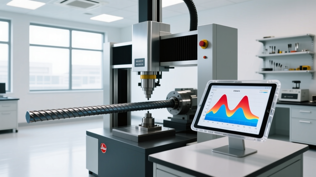 Digital universal testing machine analyzing steel rebar with a tablet displaying real-time stress-strain graphs in a modern QA lab.