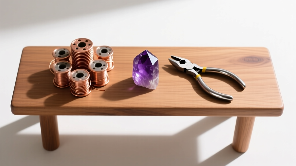 Overhead flat-lay of a wooden bench with copper wire spools, round-nose pliers, and a raw amethyst crystal waiting to be wrapped