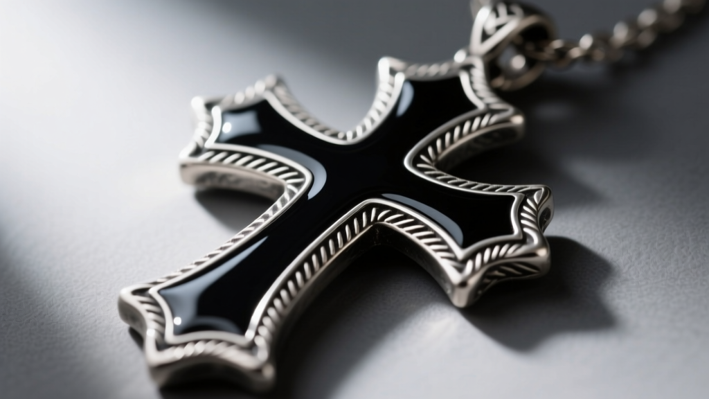 Macro shot of a gothic cross pendant with black enamel inlay and oxidized silver borders, showing tattoo-style shading details