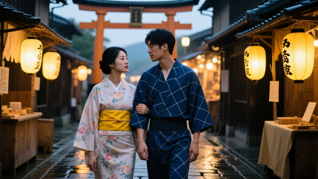 Couple at a lantern-lit Japanese summer festival; she wears a floral cotton yukata with a yellow obi, he wears a navy geometric jinbei.