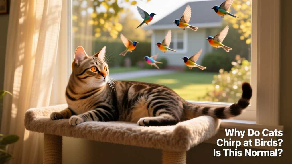 A cat lounging comfortably on a FurPetVo window perch, gazing intently at birds outside