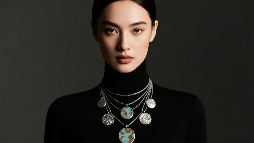 Model layering oxidized silver pendants over a dark turtleneck, shot in moody studio lighting with high contrast and sharp depth