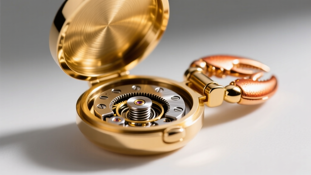 Macro photo of a jewelry lobster clasp cut open to reveal a hidden ferromagnetic steel spring inside a gold-plated metal casing.