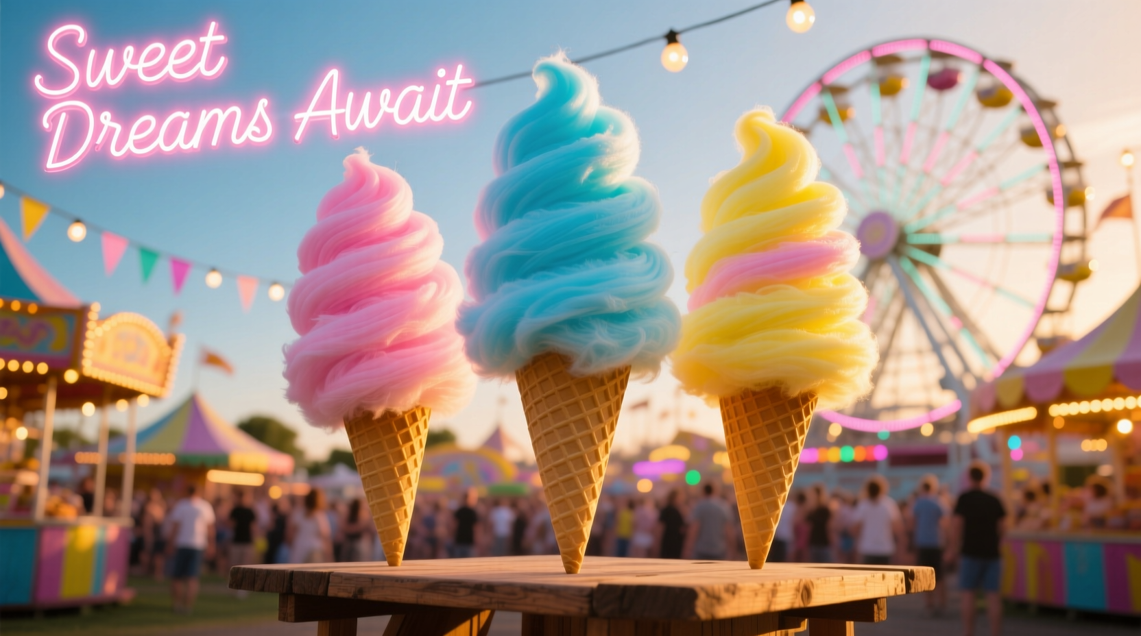 Colorful cotton candy cones at a carnival