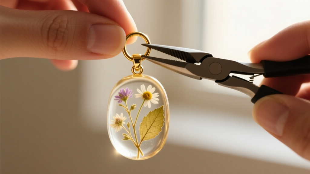 Hands using flat-nose pliers to attach a 20-gauge gold-filled jump ring to the bail of a cured botanical resin pendant.