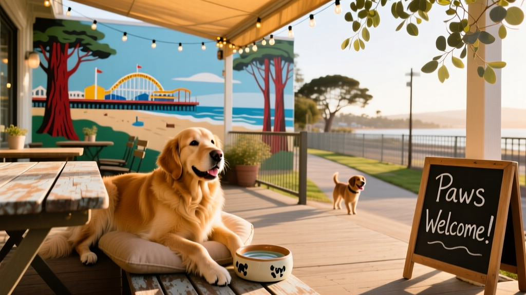 A dog relaxing on the outdoor patio of a dog-friendly restaurant in Santa Cruz