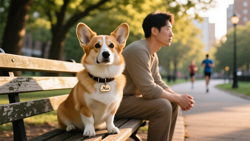 A calm, well-groomed Corgi sitting beside a person on a park bench