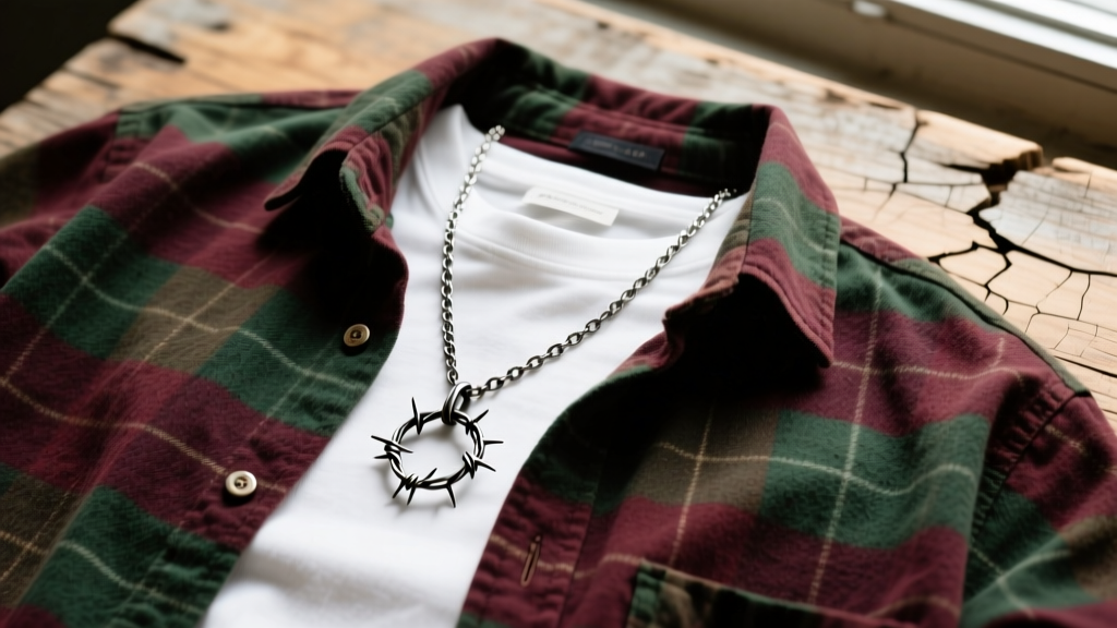 Vintage flannel shirt layered with a 5mm oxidized silver chain necklace and a barbed wire pendant on a scratched wooden surface.