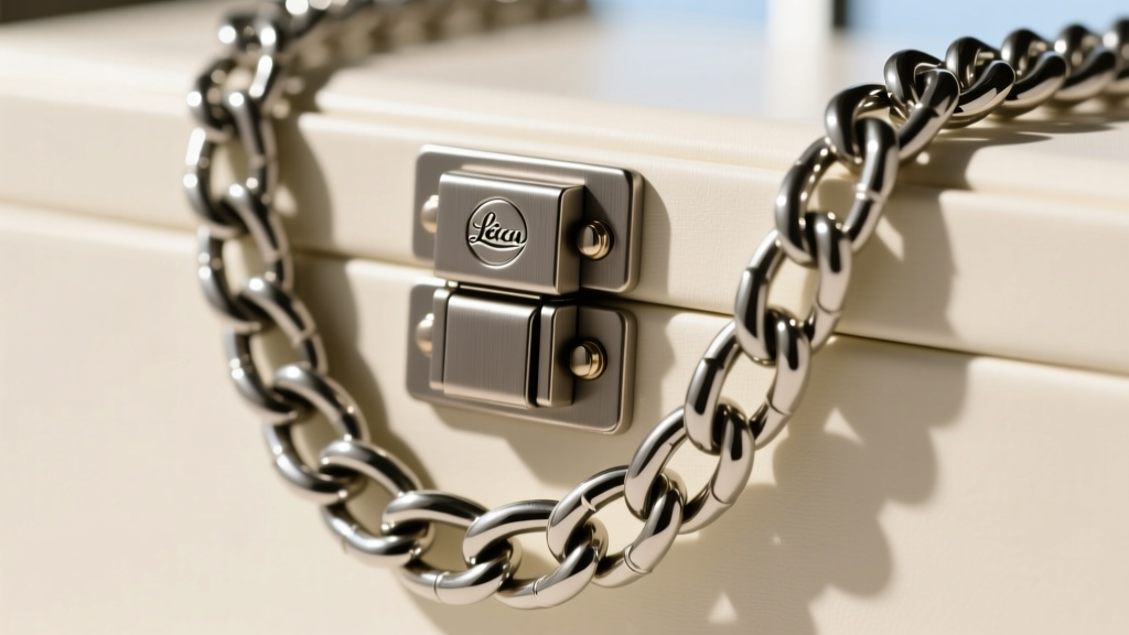 Close-up of a heavy-duty jewelry box clasp with dual safety latches, securing a thick stainless steel monster chain necklace