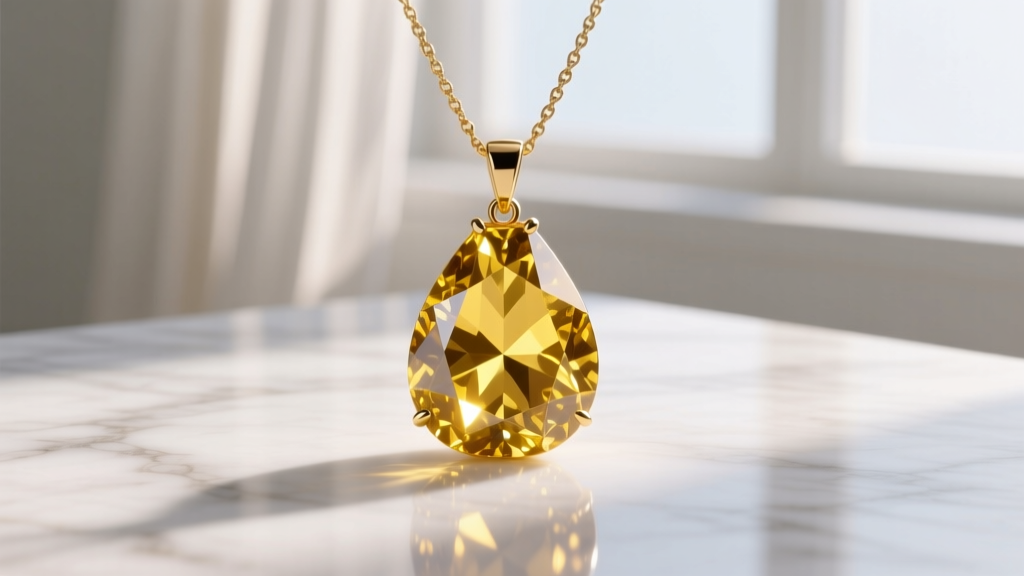 Macro shot of a pear-cut topaz yellow necklace pendant showing internal clarity, resting on white marble with soft natural shadows