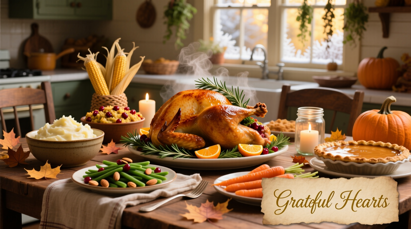 Thanksgiving table with roasted turkey and seasonal sides
