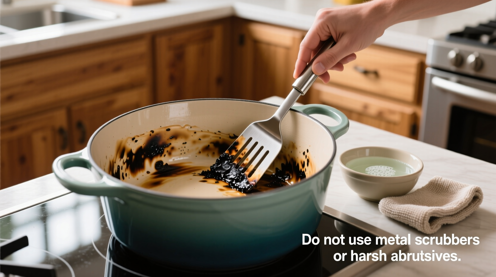 how to clean a burnt le creuset pot without damaging the enamel