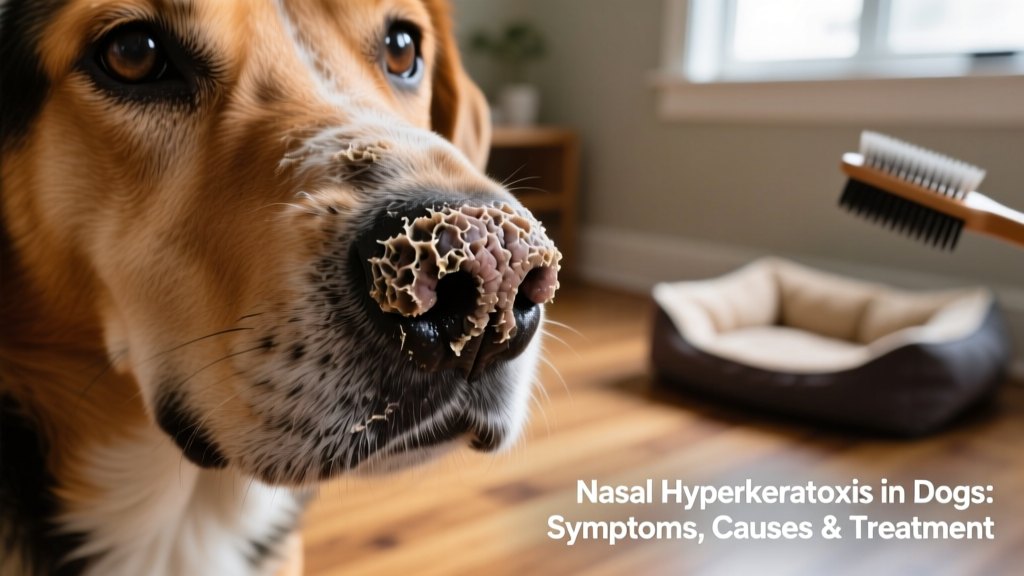 Close-up of a dog's nose showing thickened, crusty, feathered skin typical of nasal hyperkeratosis