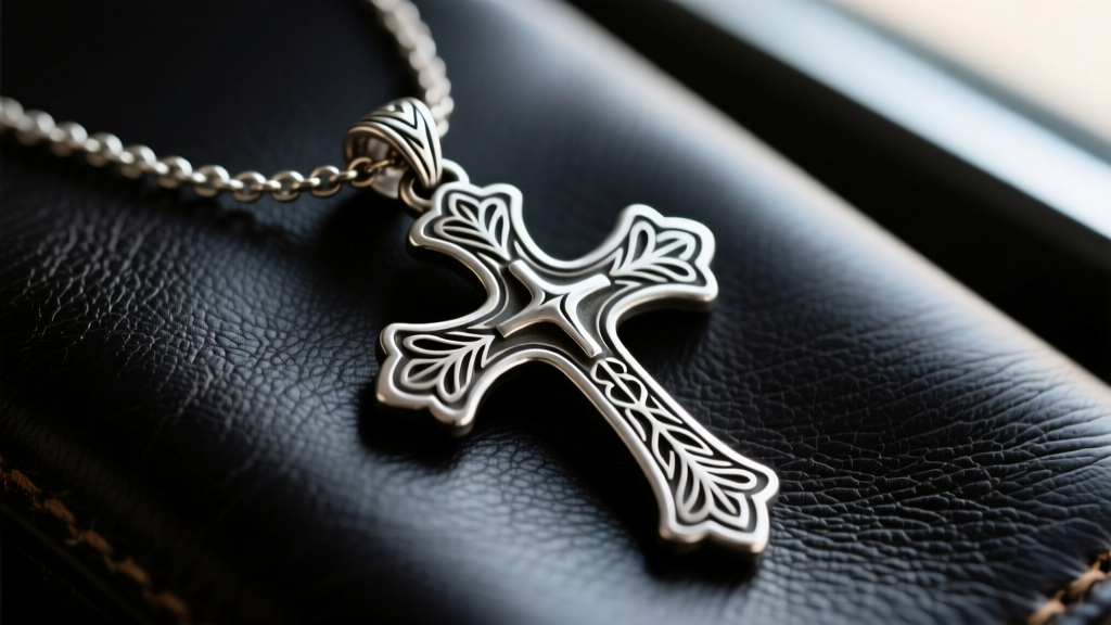 Close-up of an oxidized sterling silver horseshoe cross necklace on dark leather, highlighting western engraving and the soldered bail