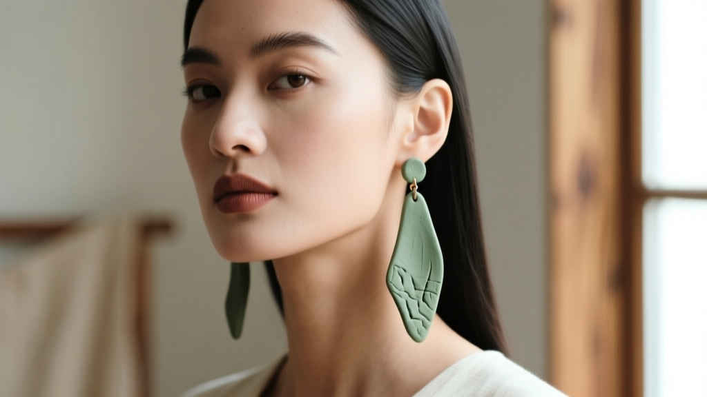 Profile of a model with a sharp jawline wearing long, asymmetrical sage green clay drop earrings against a softly blurred setting