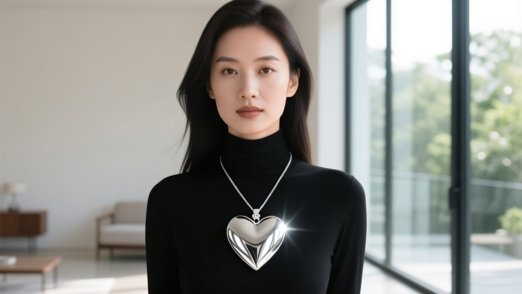 Woman wearing a large polished silver heart necklace over a black turtleneck, natural window light catching the metal.
