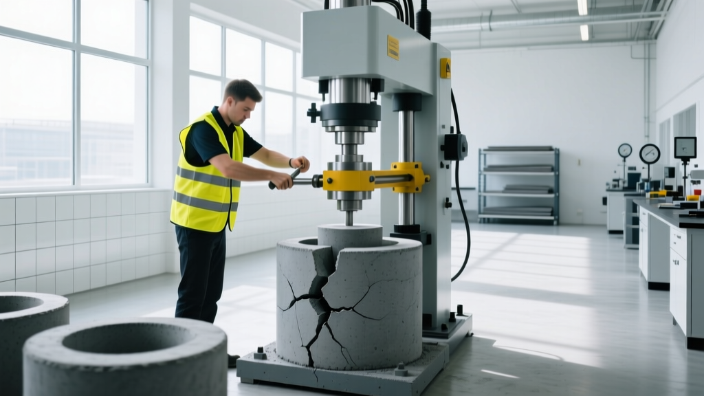 Technician in safety vest operating a hydraulic press to test concrete cylinders in a brightly lit construction materials laboratory
