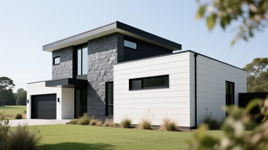 Modern home exterior with charcoal grey stone veneer siding, white fiber cement lap siding, and black matte window frames