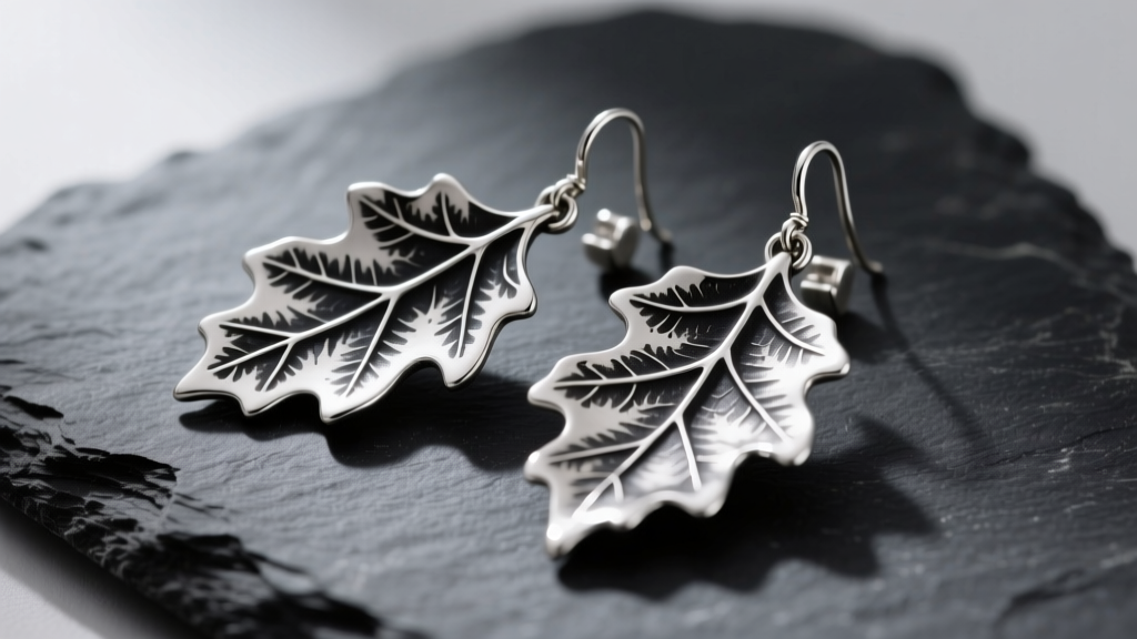 Macro photography of handcrafted sterling silver oak leaf earrings resting on dark slate, highlighting intricate vein patina