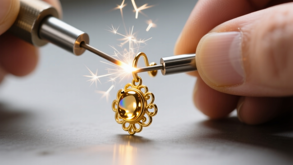 Macro shot of a vintage gold clip-on earring base being laser-welded to a new 20-gauge titanium post on a jeweler's workbench