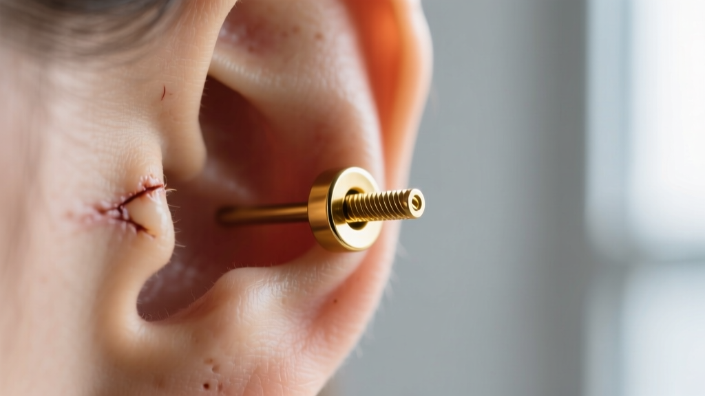 Macro shot of a healed helix cartilage piercing wearing an internally threaded 16-gauge gold clicker hoop against healthy skin.