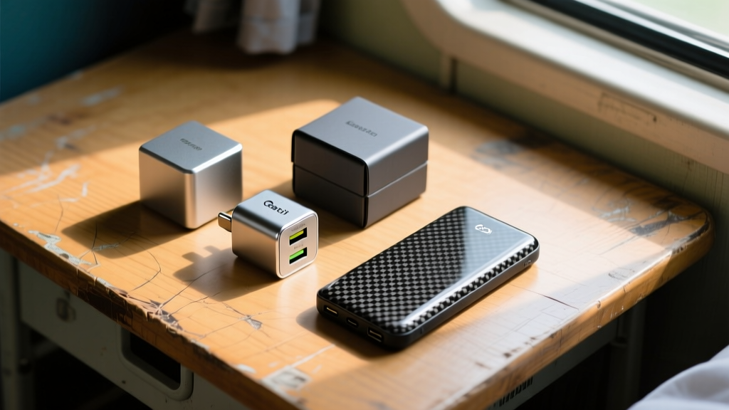 Overhead view of a compact GaN charger, compression packing cubes, and a carbon-fiber power bank arranged on a scratched wooden hostel desk