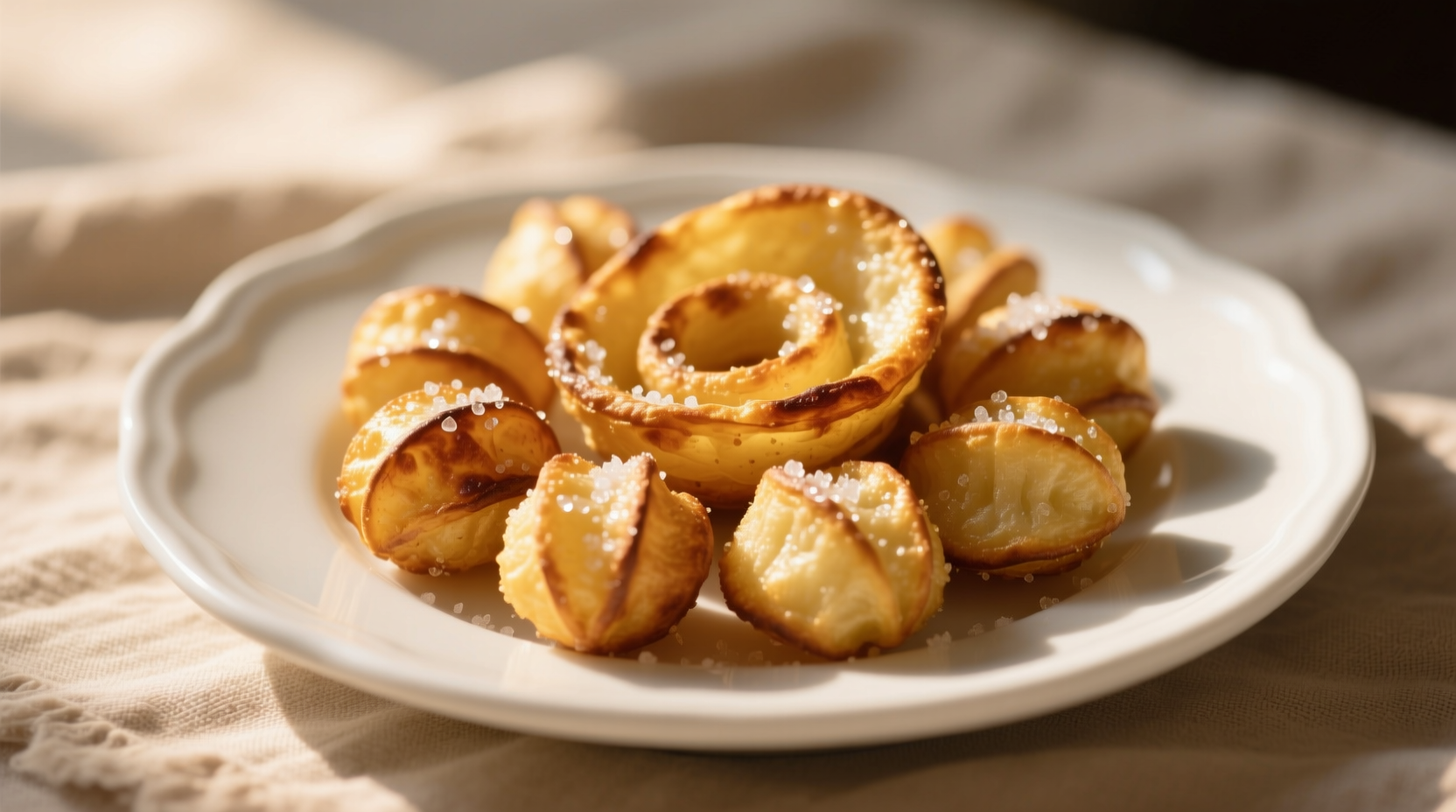 Golden brown potato puffs arranged on a white plate