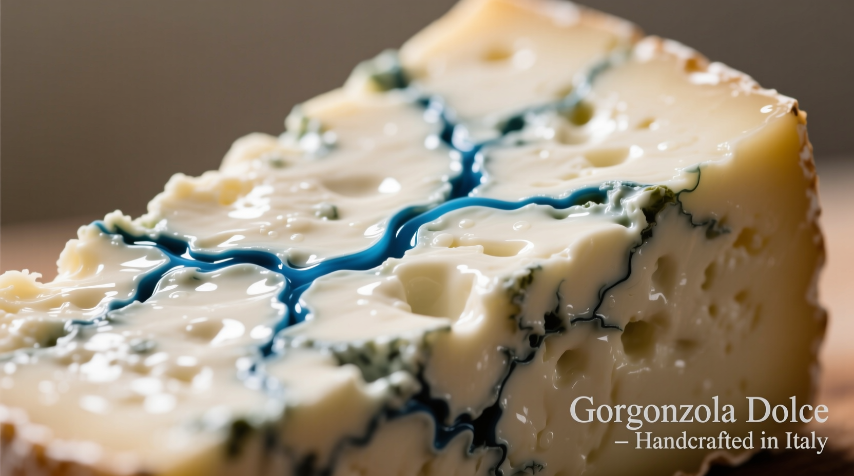 Close-up of creamy Gorgonzola cheese with distinctive blue veins