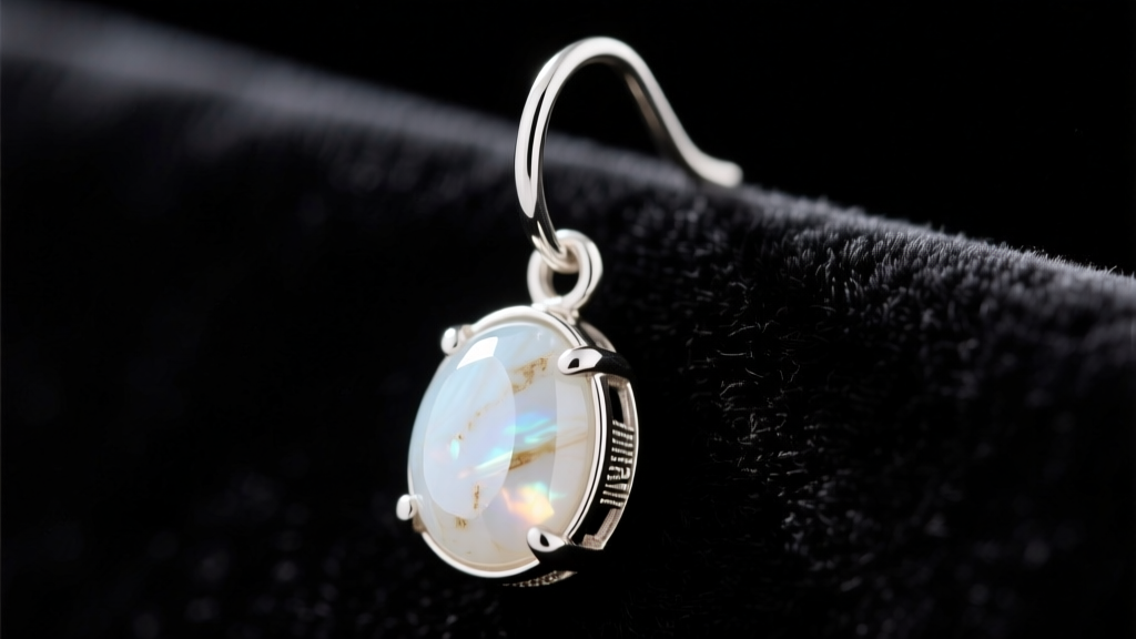 Detailed shot of a 16-gauge sterling silver ear wire supporting a thick bezel-set white magnesite drop earring on dark velvet.