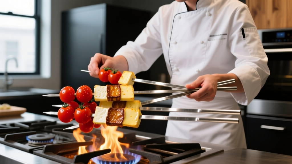 Chef using extra-long stainless steel flat skewers to thread cherry tomatoes and halloumi cheese over a glowing gas grill flame