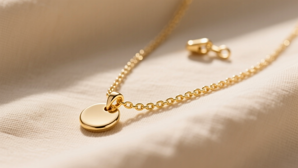 Delicate 14k gold vermeil pendant necklace on beige linen, soft morning light highlighting the fine chain texture and small clasp.