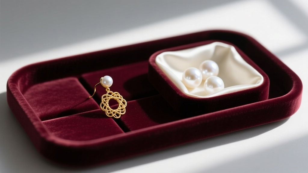 Open velvet tray showing a gold threader earring laid flat in a groove next to a separate silk compartment holding white pearls