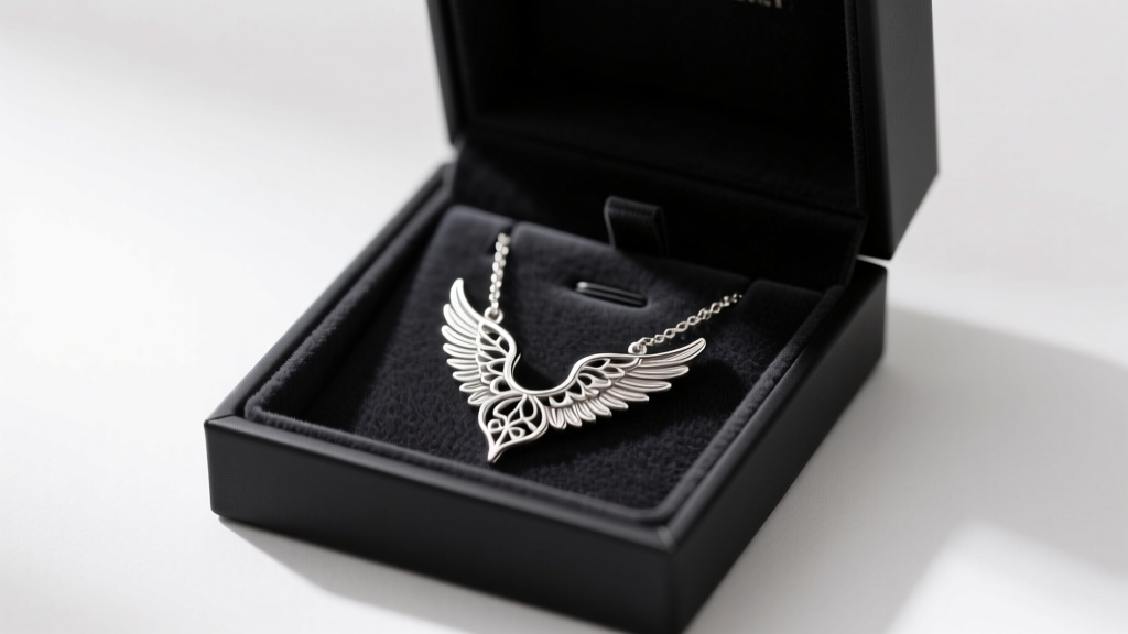 Matte black jewelry box revealing a sterling silver angel wings necklace, nestled securely in dark anti-tarnish suede insert.