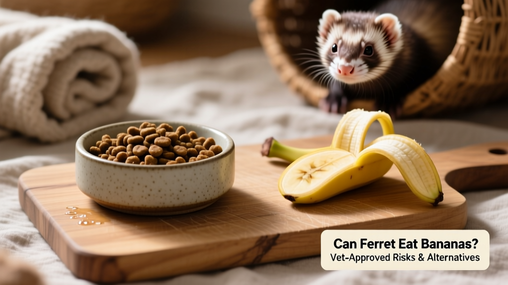 Side-by-side comparison: ferret food bowl with high-protein kibble versus a small peeled banana slice