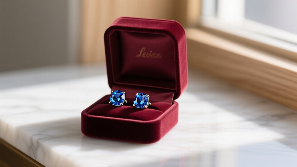 Open velvet box on marble showing ASTM F136 titanium sapphire stud earrings in soft morning light, elegant gift setting