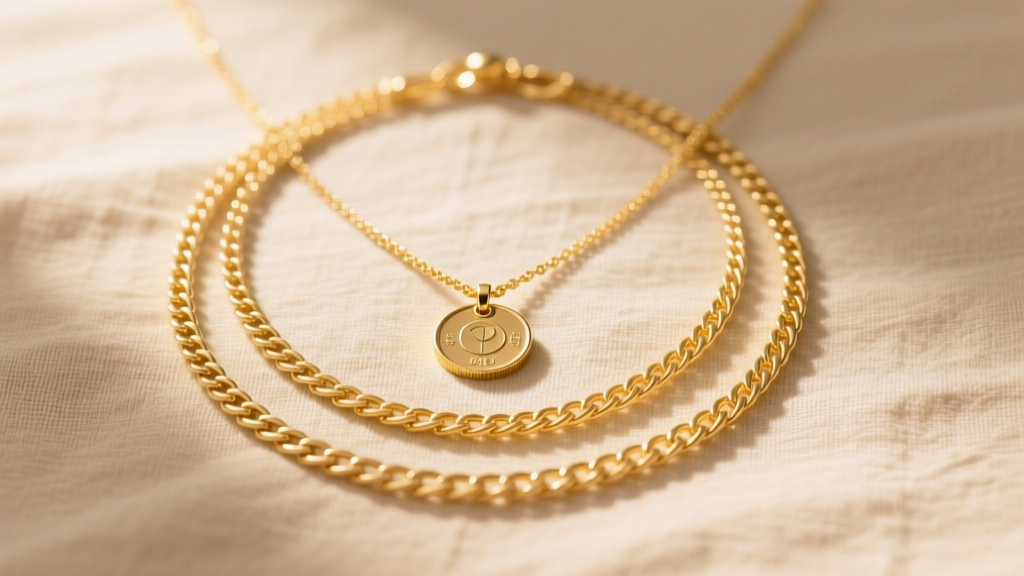 Flat lay of three layered Korean gold necklaces on beige linen, featuring a herringbone chain and coin pendant, warm overhead glow.