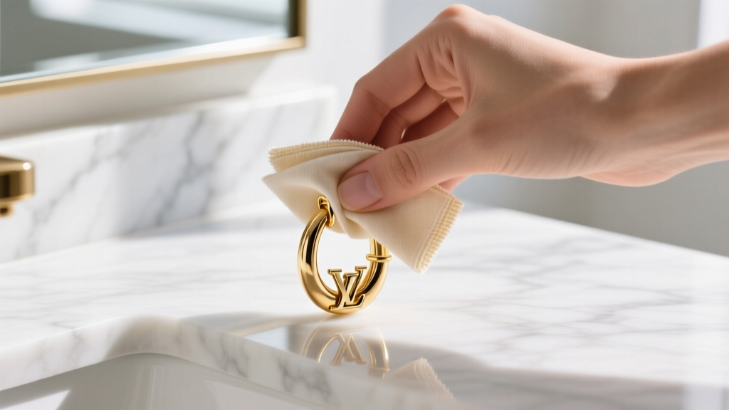 Hands gently wiping a gold LV huggie hoop earring with a dry microfiber polishing cloth over a bright white marble vanity surface.