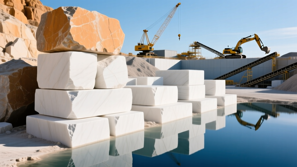 Massive rough-cut limestone blocks and polished white casing stones stacked near a modern quarrying site with heavy machinery in the background