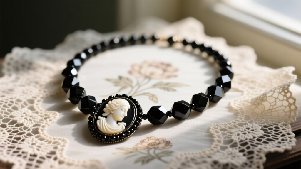Antique jet mourning necklace with faceted beads and a cameo, resting on faded lace in soft, natural window light.