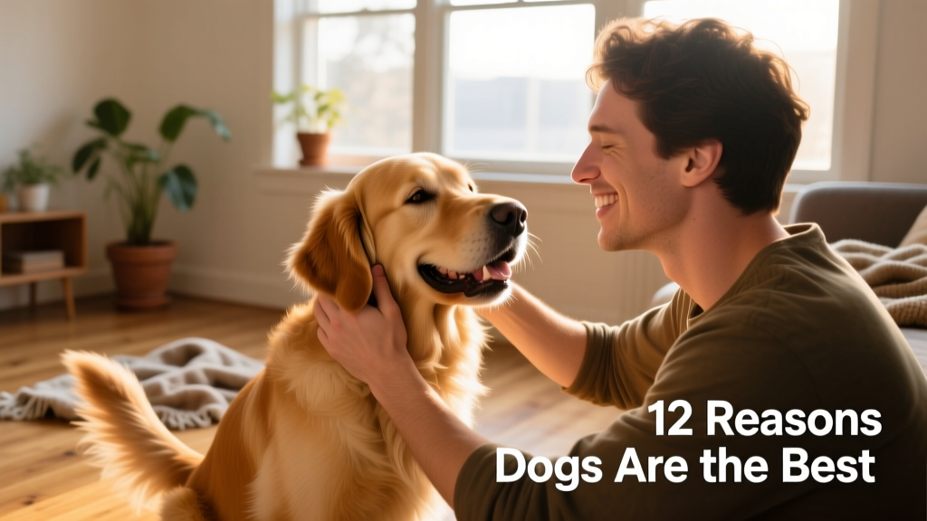Someone gently strokes a smiling dog behind the ears