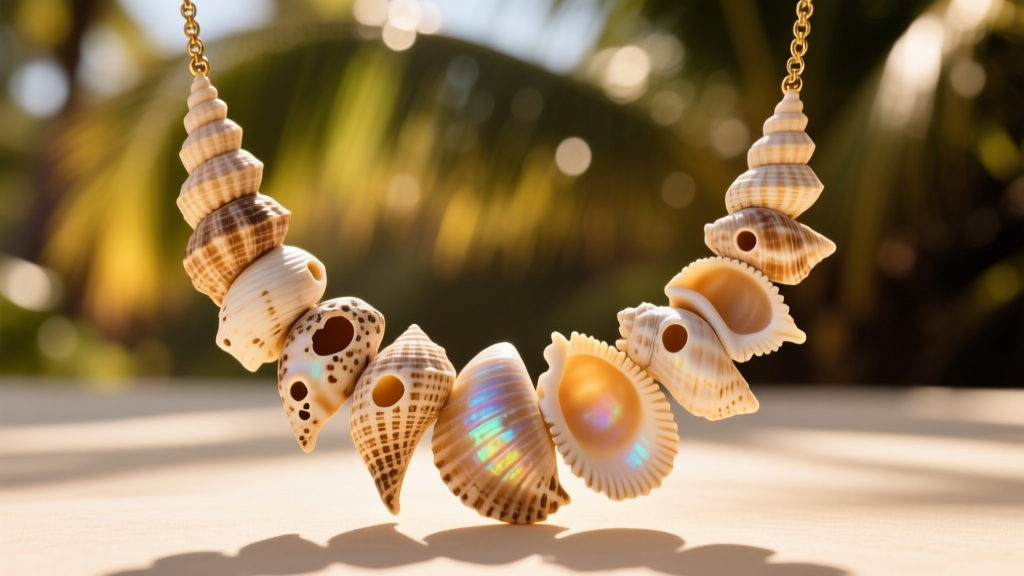 Close-up of a vintage Hawaiian puka shell necklace showing naturally worn cone shell fragments with organic holes in warm sunlight.